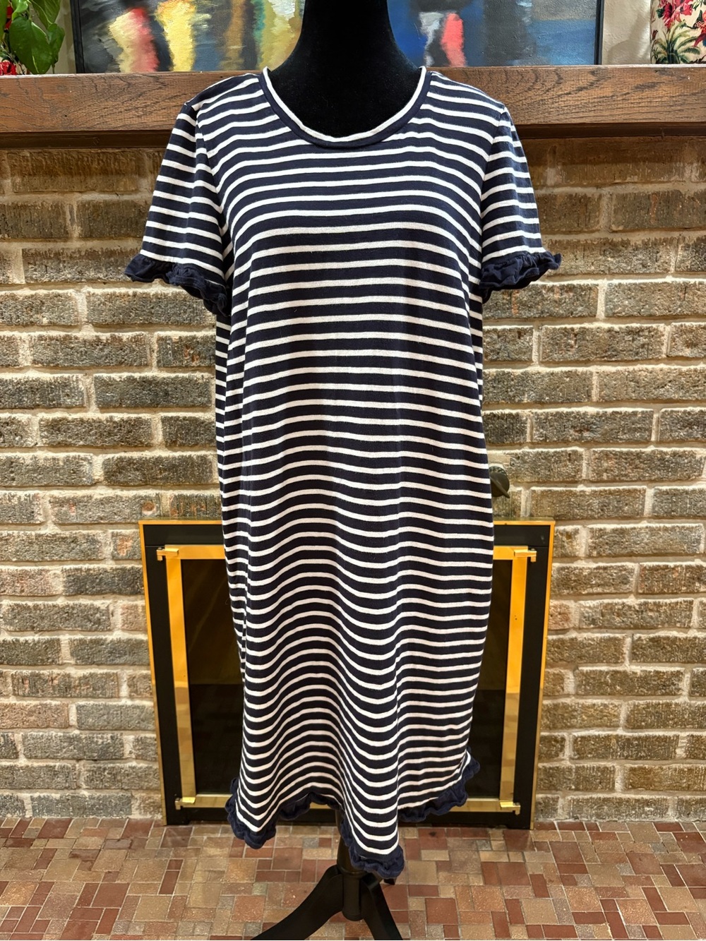 Boden Navy and White Striped Ruffle-Trim Midi Dress